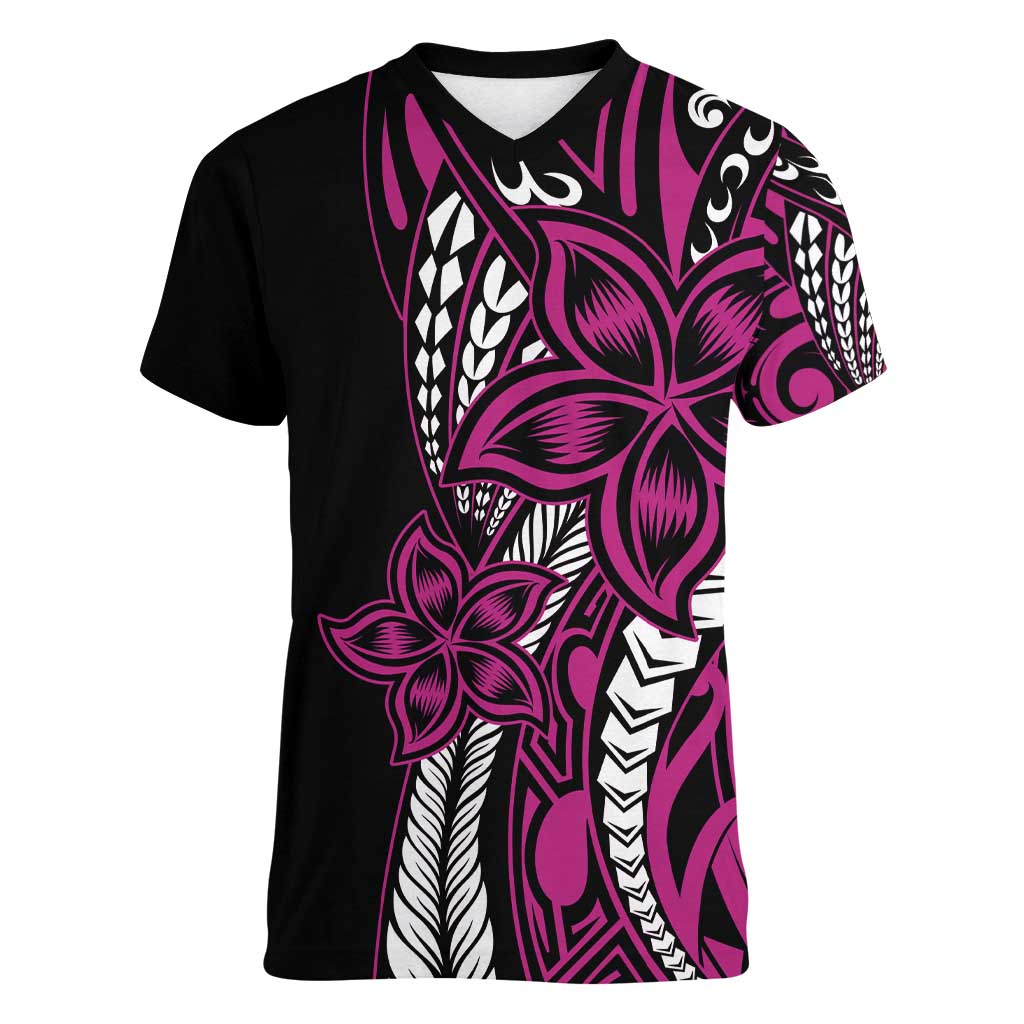 Polynesian Plumeria Floral Tattoo Pattern Women V-Neck T-Shirt Pink Style