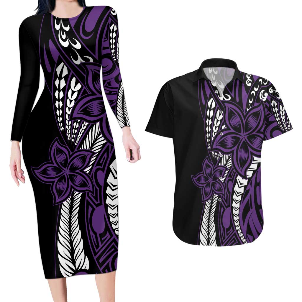 Polynesian Plumeria Floral Tattoo Pattern Couples Matching Long Sleeve Bodycon Dress and Hawaiian Shirt Purple Style LT9 Purple - Polynesian Pride