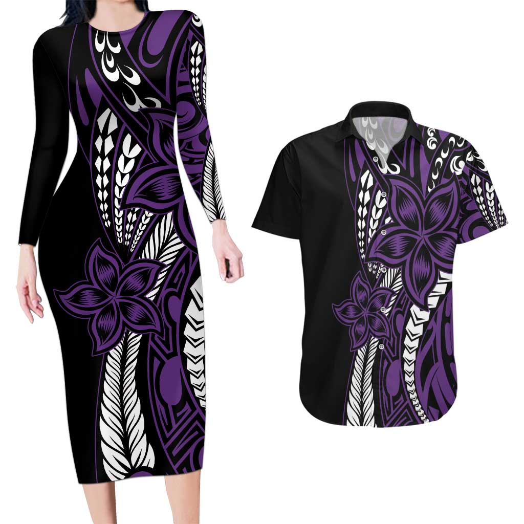 Polynesian Plumeria Floral Tattoo Pattern Couples Matching Long Sleeve Bodycon Dress and Hawaiian Shirt Purple Style