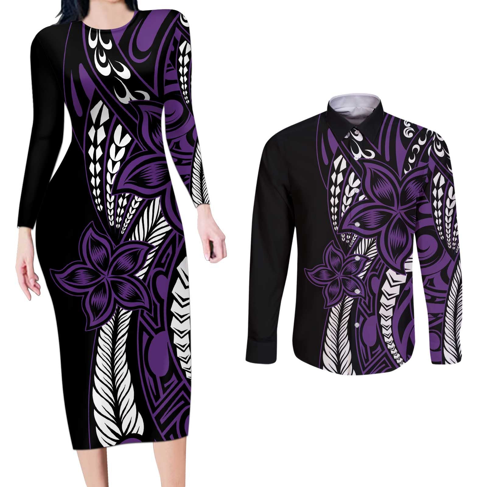 Polynesian Plumeria Floral Tattoo Pattern Couples Matching Long Sleeve Bodycon Dress and Long Sleeve Button Shirt Purple Style LT9 Purple - Polynesian Pride