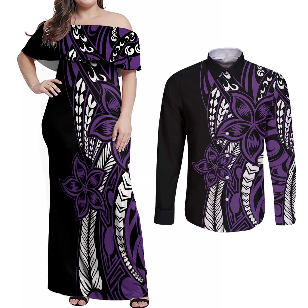Polynesian Plumeria Floral Tattoo Pattern Couples Matching Off Shoulder Maxi Dress and Long Sleeve Button Shirt Purple Style LT9 Purple - Polynesian Pride