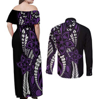 Polynesian Plumeria Floral Tattoo Pattern Couples Matching Off Shoulder Maxi Dress and Long Sleeve Button Shirt Purple Style LT9 - Polynesian Pride