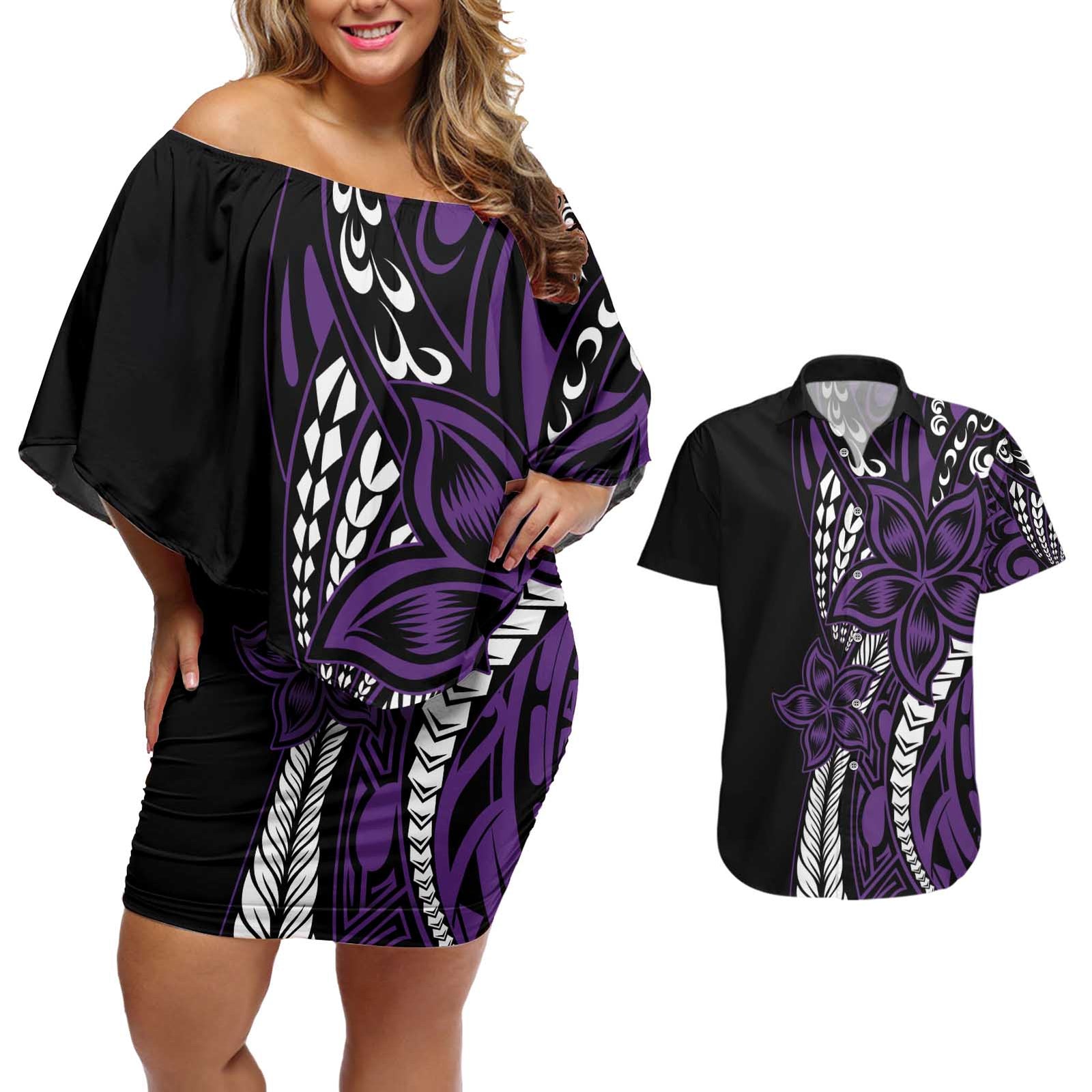 Polynesian Plumeria Floral Tattoo Pattern Couples Matching Off Shoulder Short Dress and Hawaiian Shirt Purple Style LT9 Purple - Polynesian Pride
