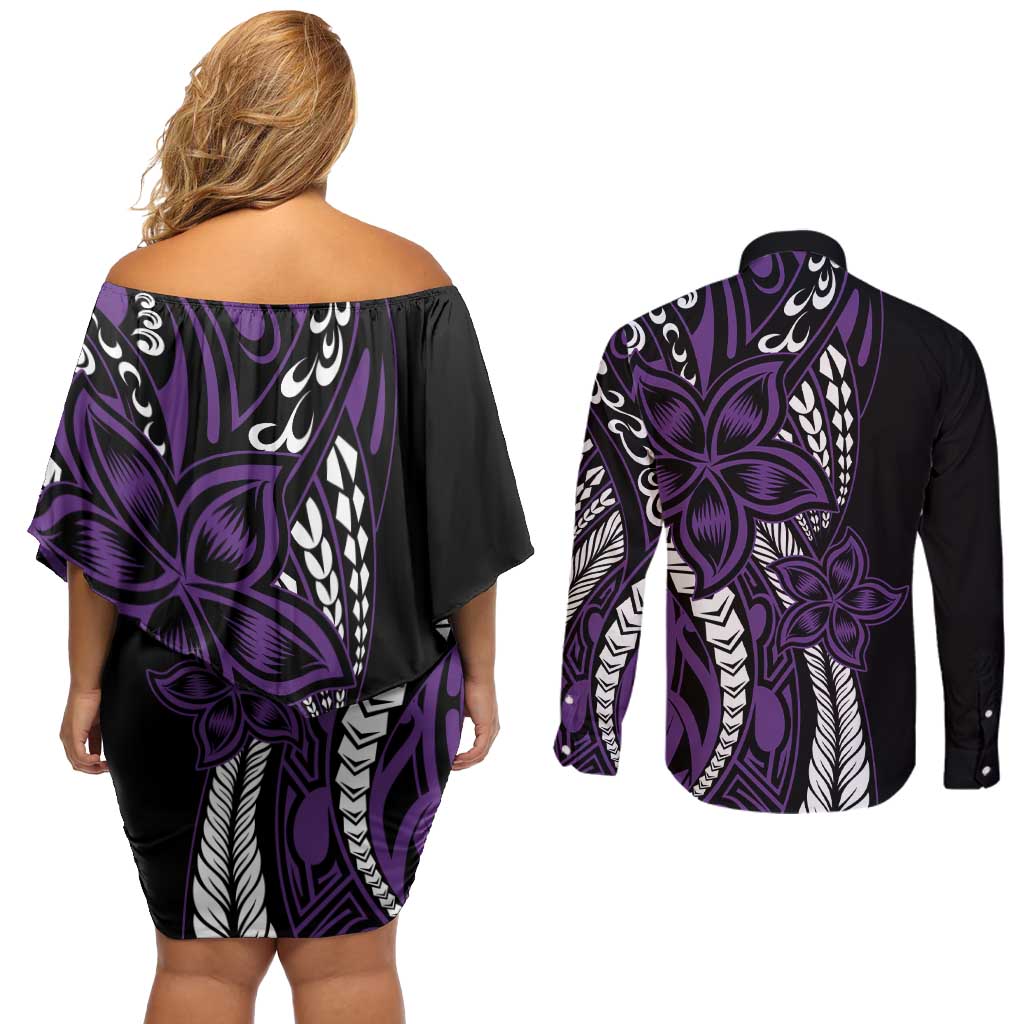 Polynesian Plumeria Floral Tattoo Pattern Couples Matching Off Shoulder Short Dress and Long Sleeve Button Shirt Purple Style LT9 - Polynesian Pride