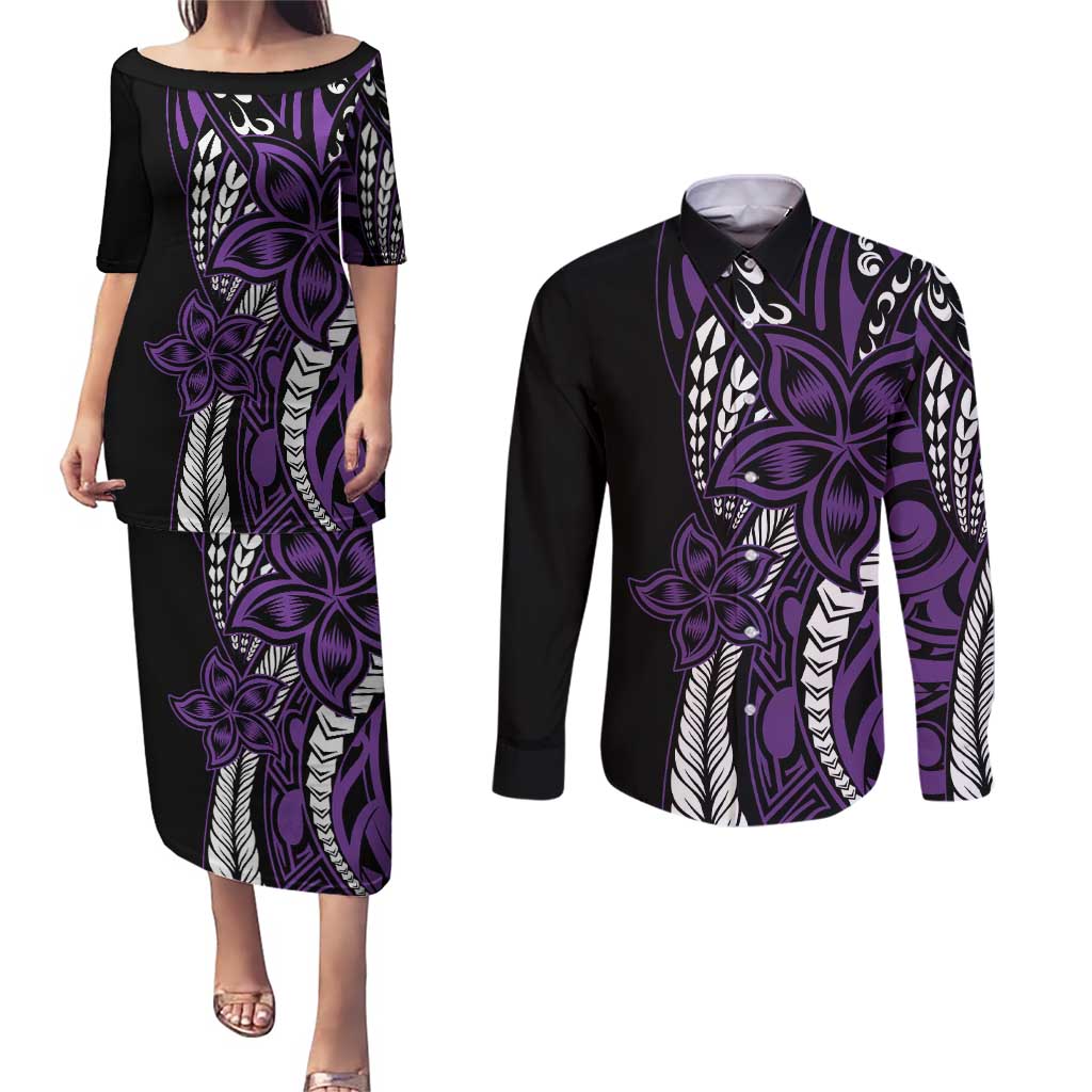 Polynesian Plumeria Floral Tattoo Pattern Couples Matching Puletasi and Long Sleeve Button Shirt Purple Style LT9 Purple - Polynesian Pride