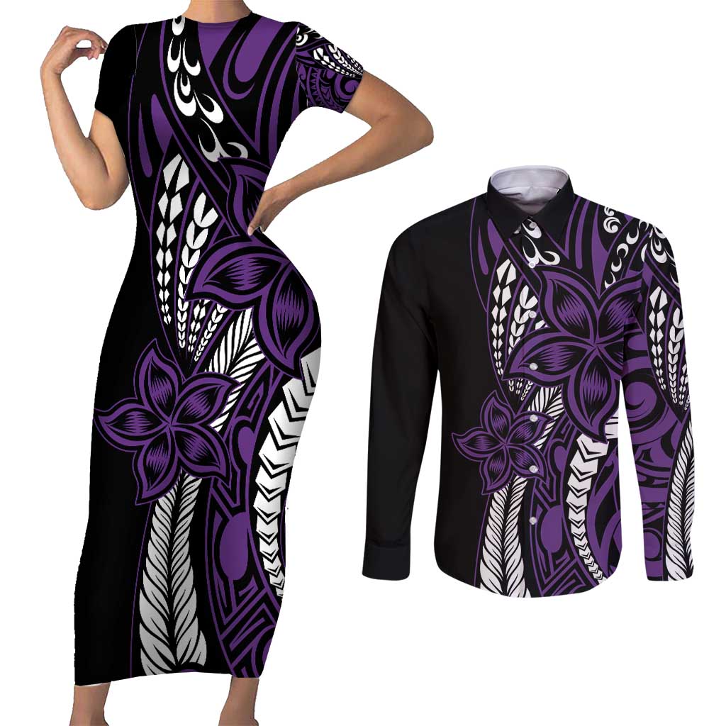 Polynesian Plumeria Floral Tattoo Pattern Couples Matching Short Sleeve Bodycon Dress and Long Sleeve Button Shirt Purple Style LT9 Purple - Polynesian Pride