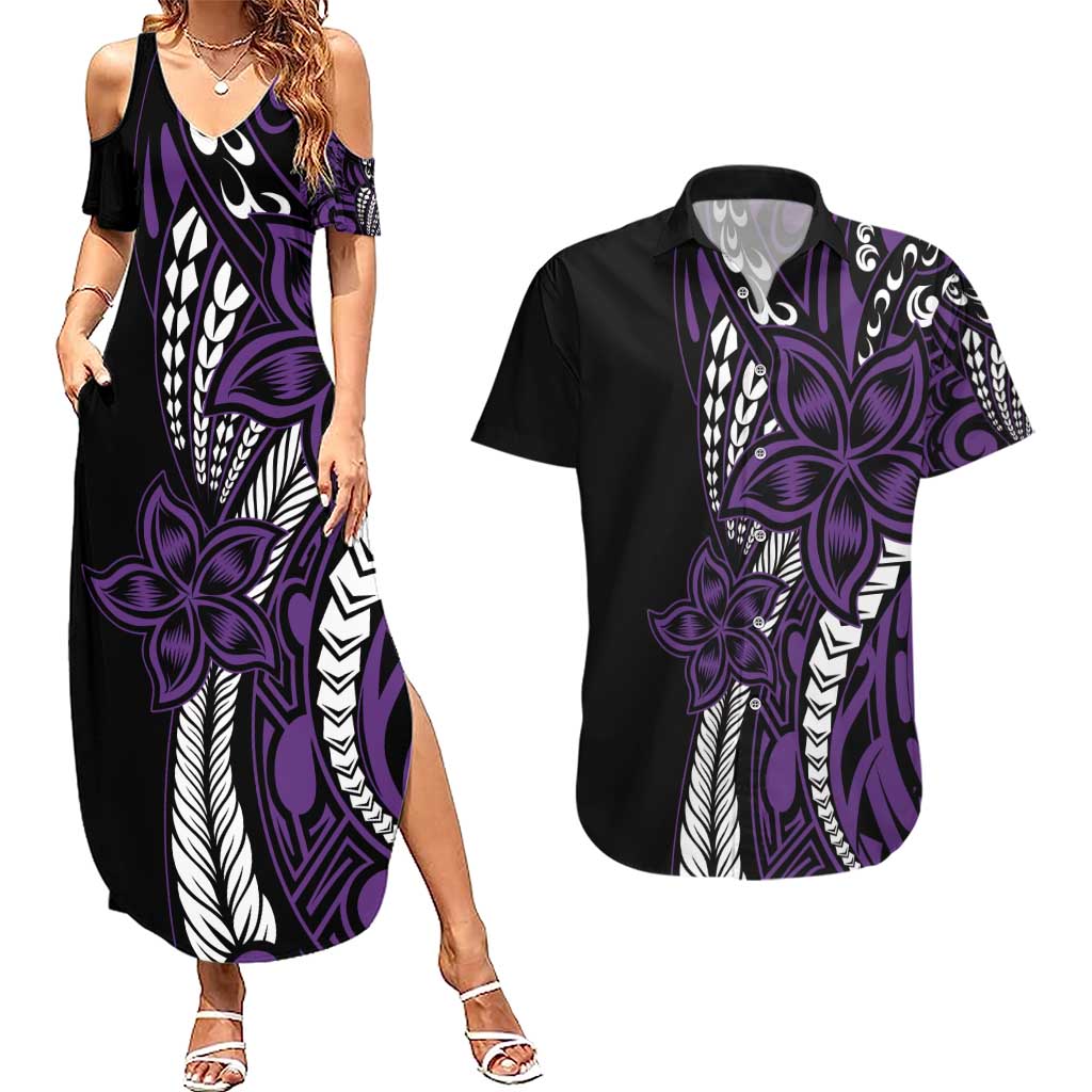 Polynesian Plumeria Floral Tattoo Pattern Couples Matching Summer Maxi Dress and Hawaiian Shirt Purple Style LT9 Purple - Polynesian Pride