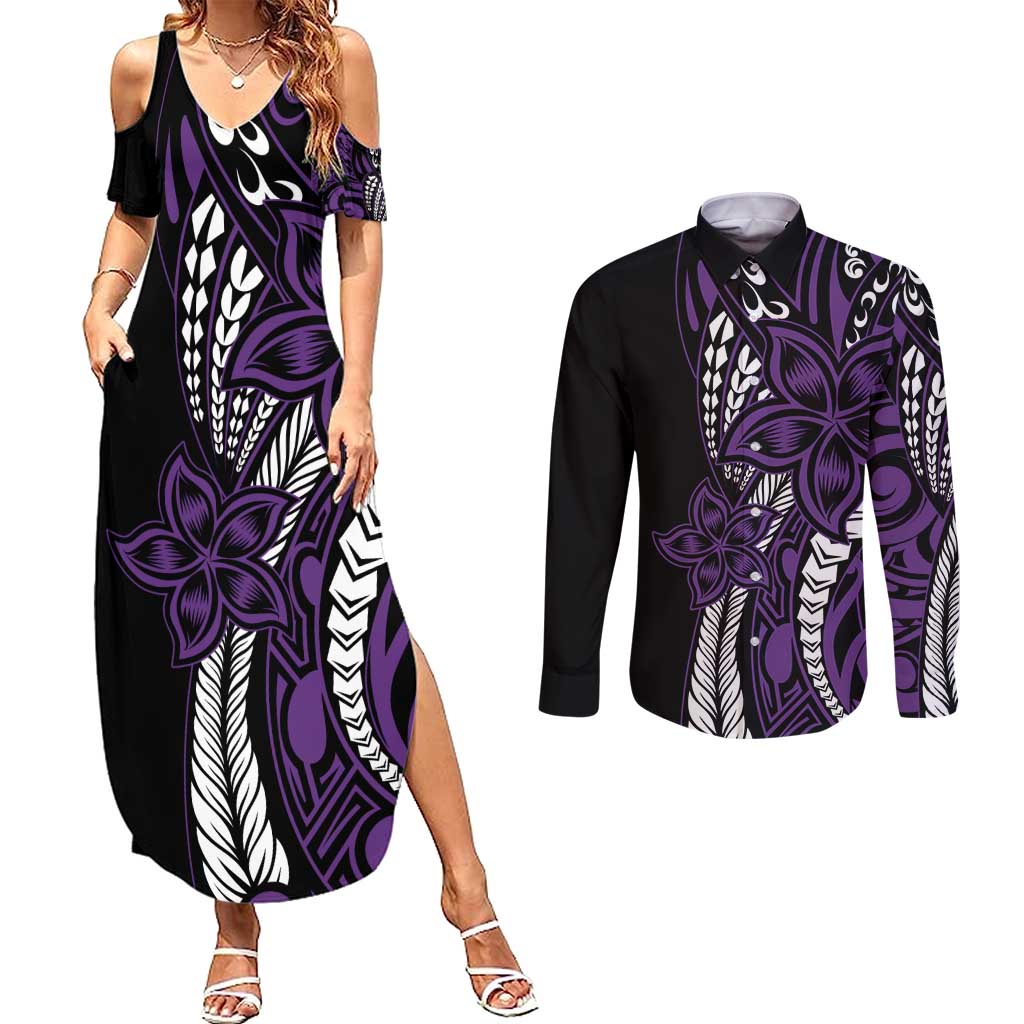 Polynesian Plumeria Floral Tattoo Pattern Couples Matching Summer Maxi Dress and Long Sleeve Button Shirt Purple Style LT9 Purple - Polynesian Pride