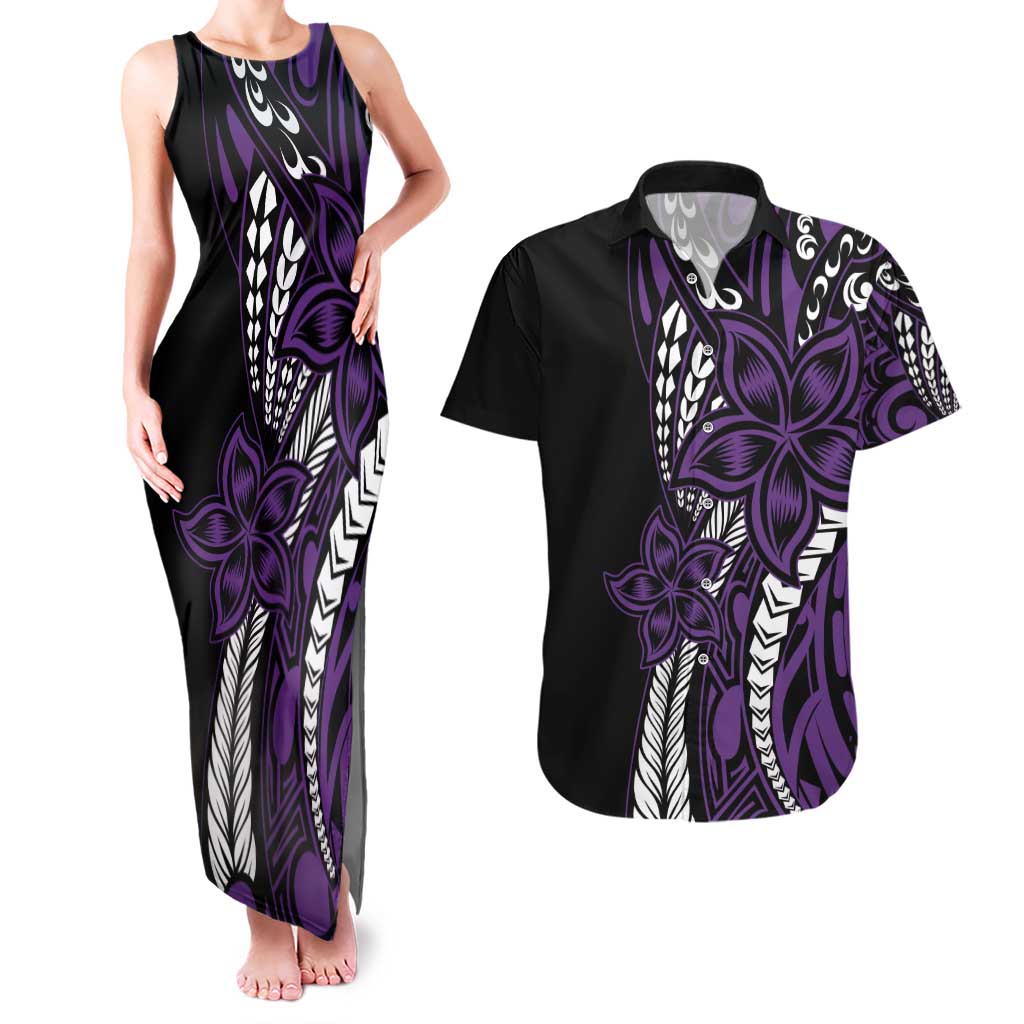 Polynesian Plumeria Floral Tattoo Pattern Couples Matching Tank Maxi Dress and Hawaiian Shirt Purple Style LT9 Purple - Polynesian Pride