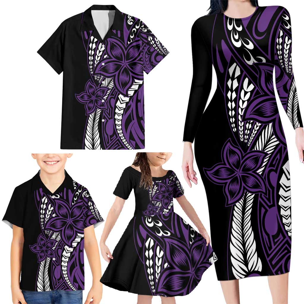 Polynesian Plumeria Floral Tattoo Pattern Family Matching Long Sleeve Bodycon Dress and Hawaiian Shirt Purple Style