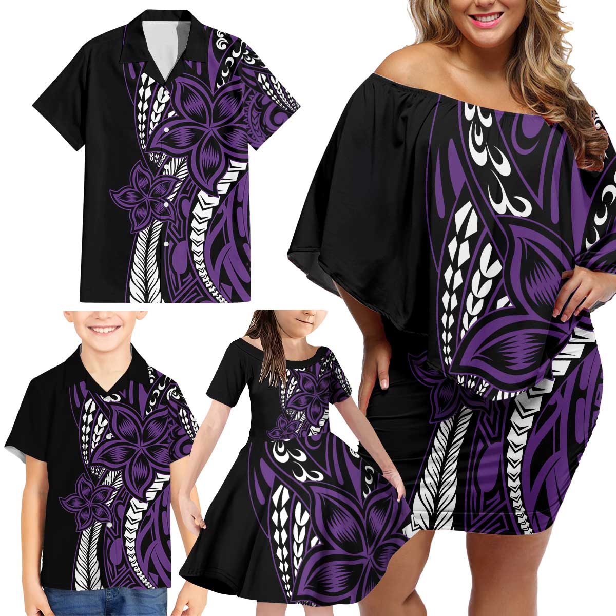 Polynesian Plumeria Floral Tattoo Pattern Family Matching Off Shoulder Short Dress and Hawaiian Shirt Purple Style