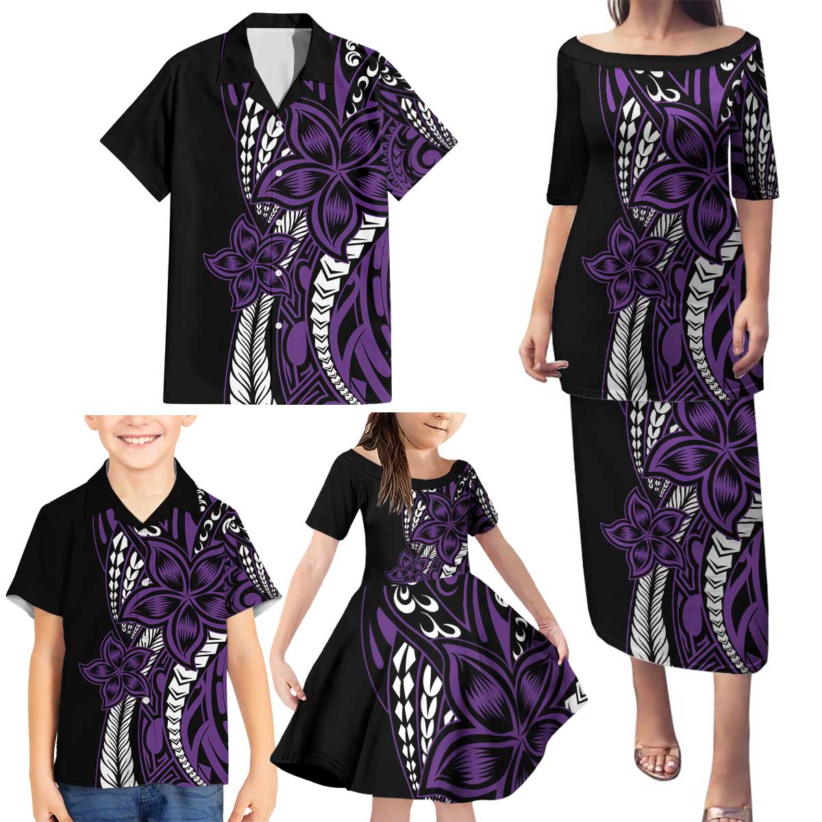 Polynesian Plumeria Floral Tattoo Pattern Family Matching Puletasi and Hawaiian Shirt Purple Style