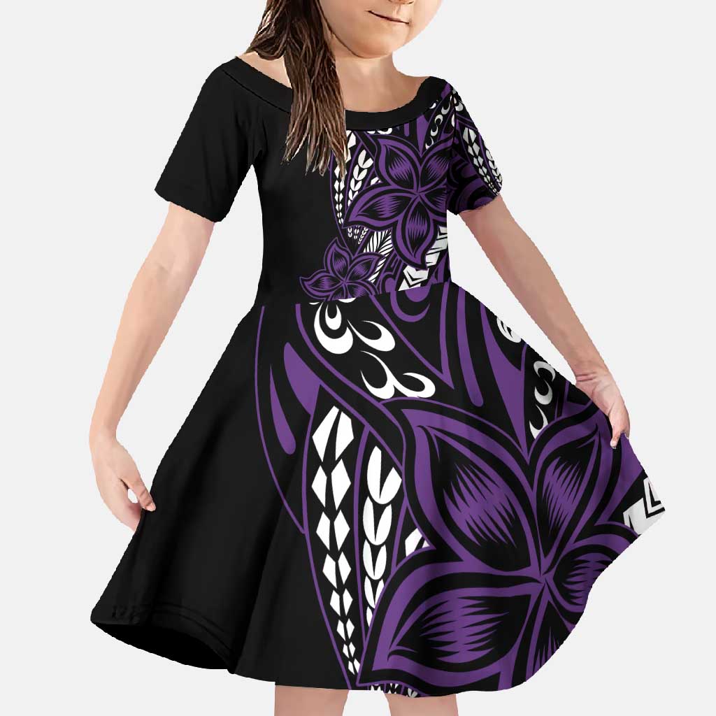Polynesian Plumeria Floral Tattoo Pattern Family Matching Short Sleeve Bodycon Dress and Hawaiian Shirt Purple Style LT9 Daughter's Dress Purple - Polynesian Pride
