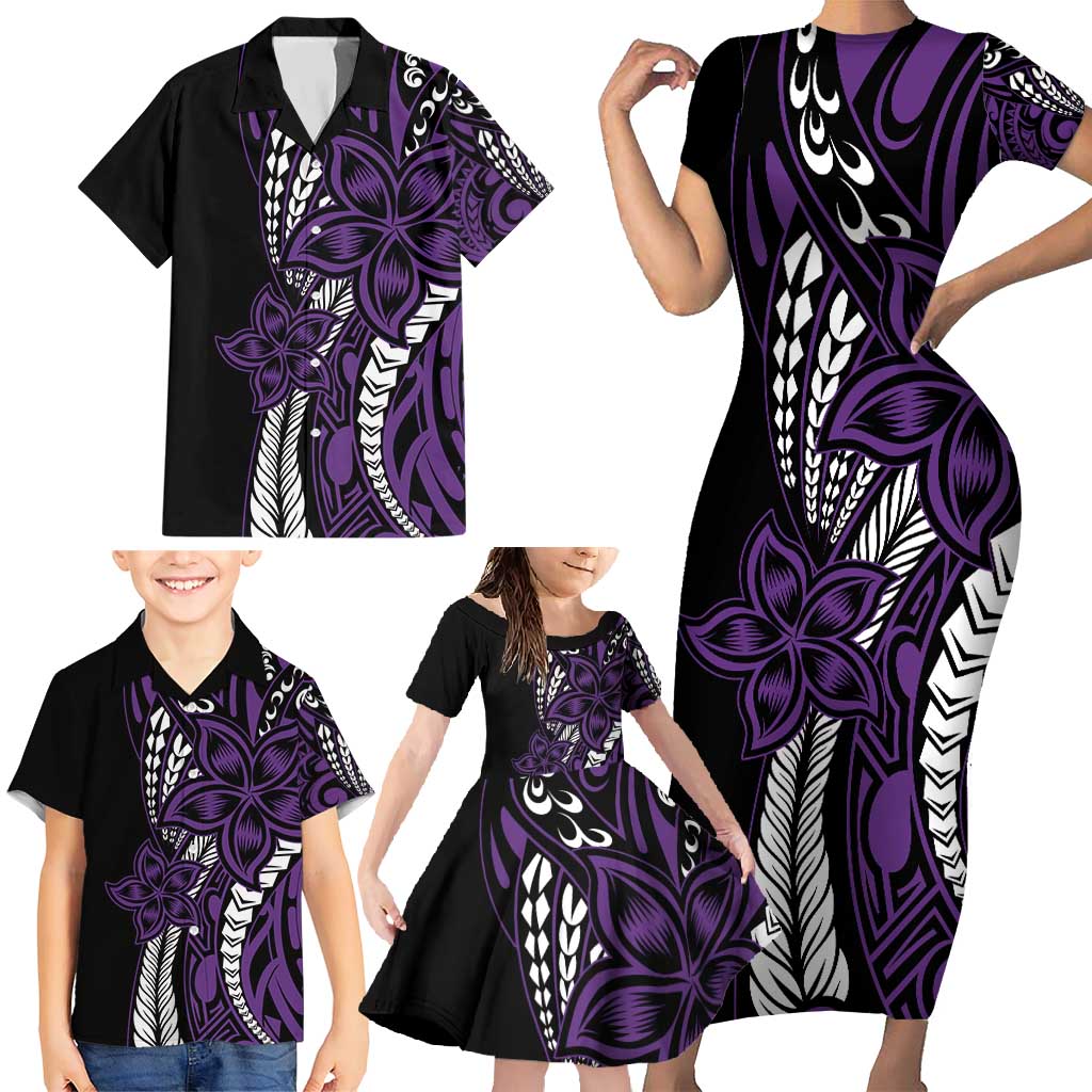 Polynesian Plumeria Floral Tattoo Pattern Family Matching Short Sleeve Bodycon Dress and Hawaiian Shirt Purple Style