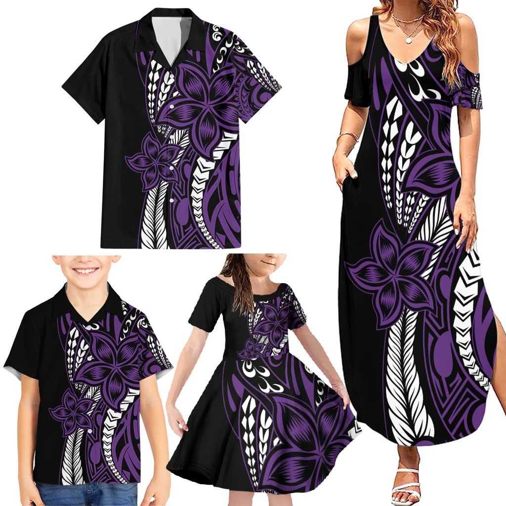 Polynesian Plumeria Floral Tattoo Pattern Family Matching Summer Maxi Dress and Hawaiian Shirt Purple Style