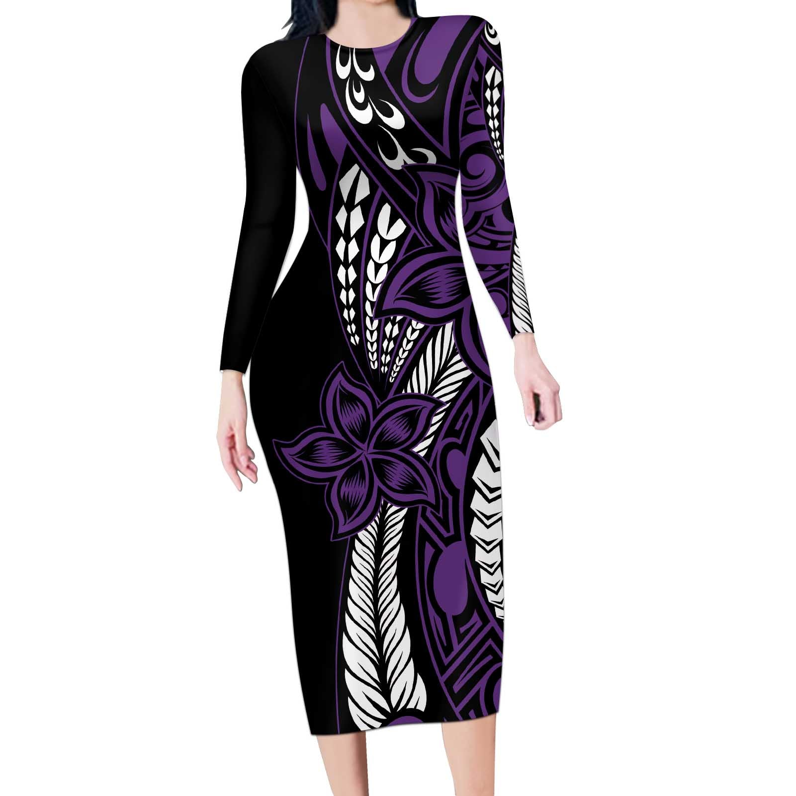 Polynesian Plumeria Floral Tattoo Pattern Long Sleeve Bodycon Dress Purple Style