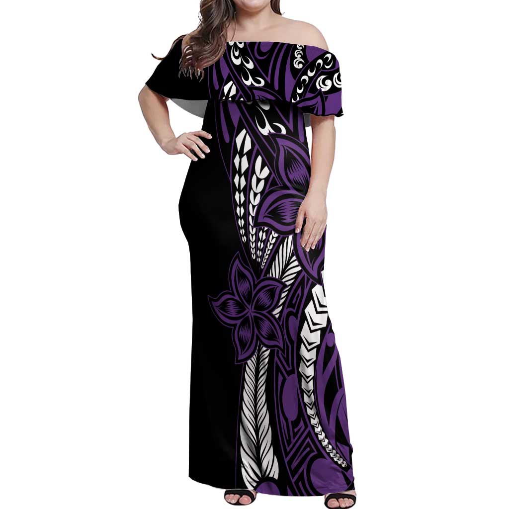 Polynesian Plumeria Floral Tattoo Pattern Off Shoulder Maxi Dress Purple Style LT9 Women Purple - Polynesian Pride