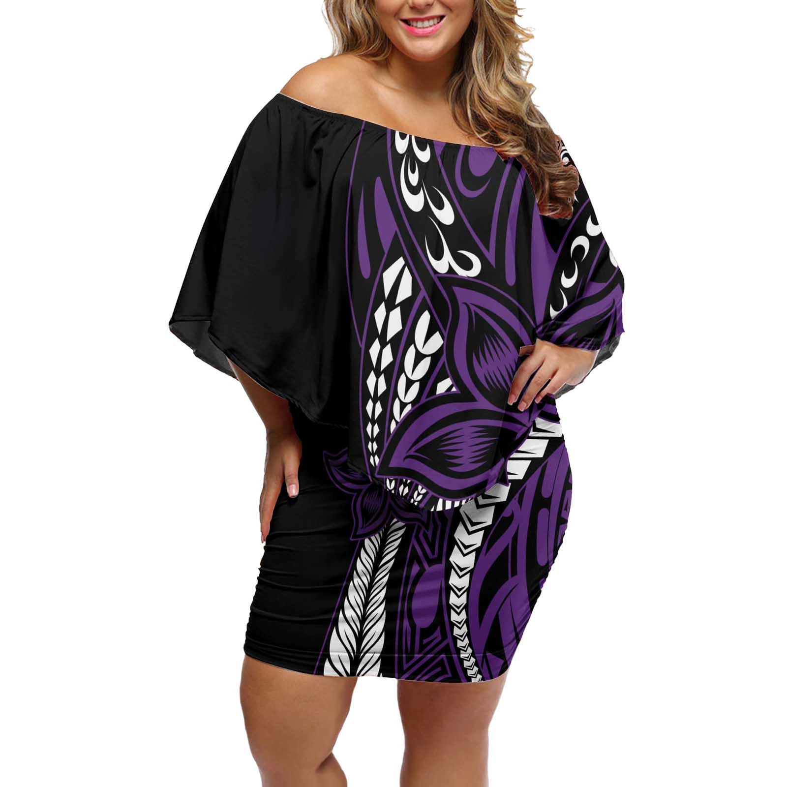 Polynesian Plumeria Floral Tattoo Pattern Off Shoulder Short Dress Purple Style LT9 Women Purple - Polynesian Pride