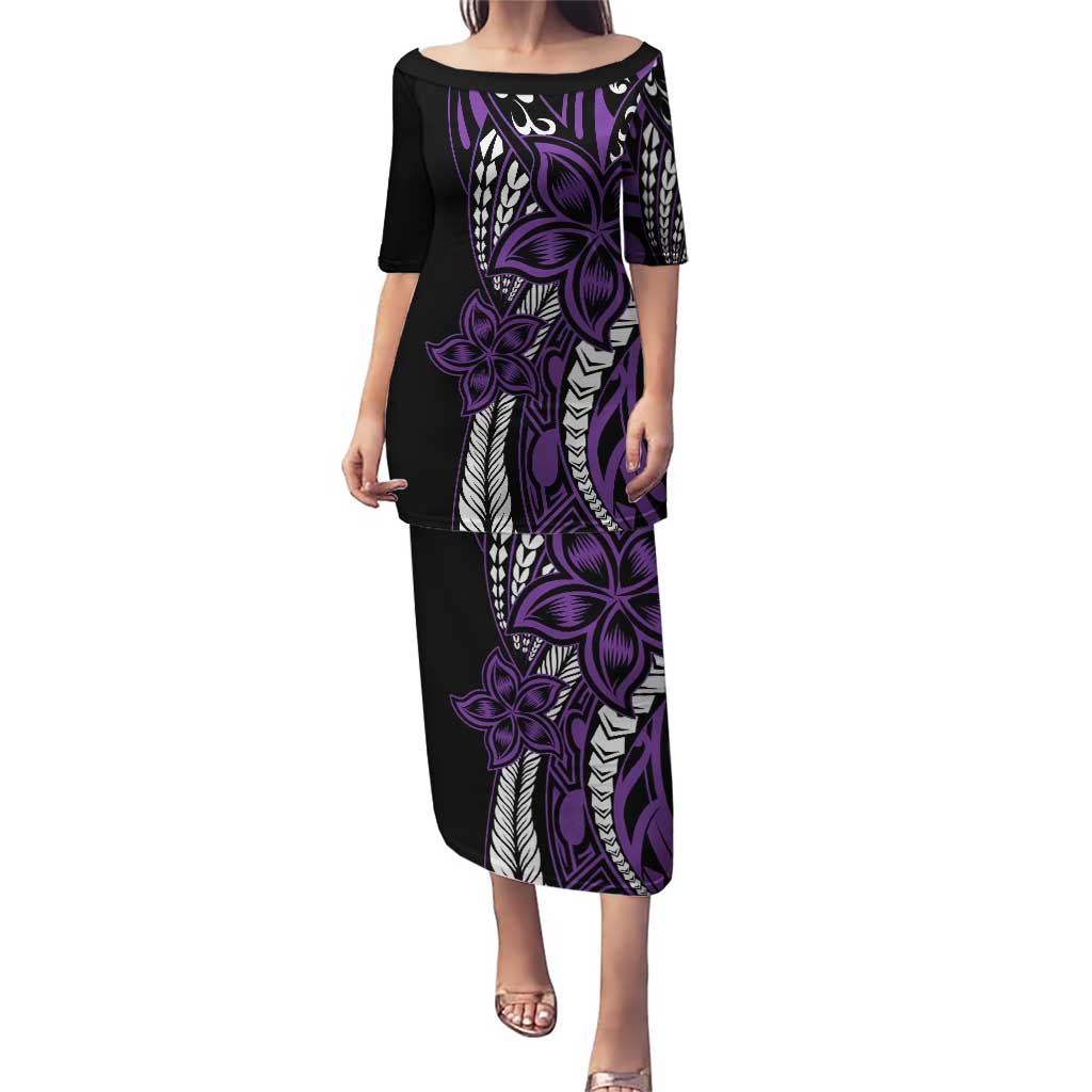 Polynesian Plumeria Floral Tattoo Pattern Puletasi Purple Style LT9 Long Dress Purple - Polynesian Pride