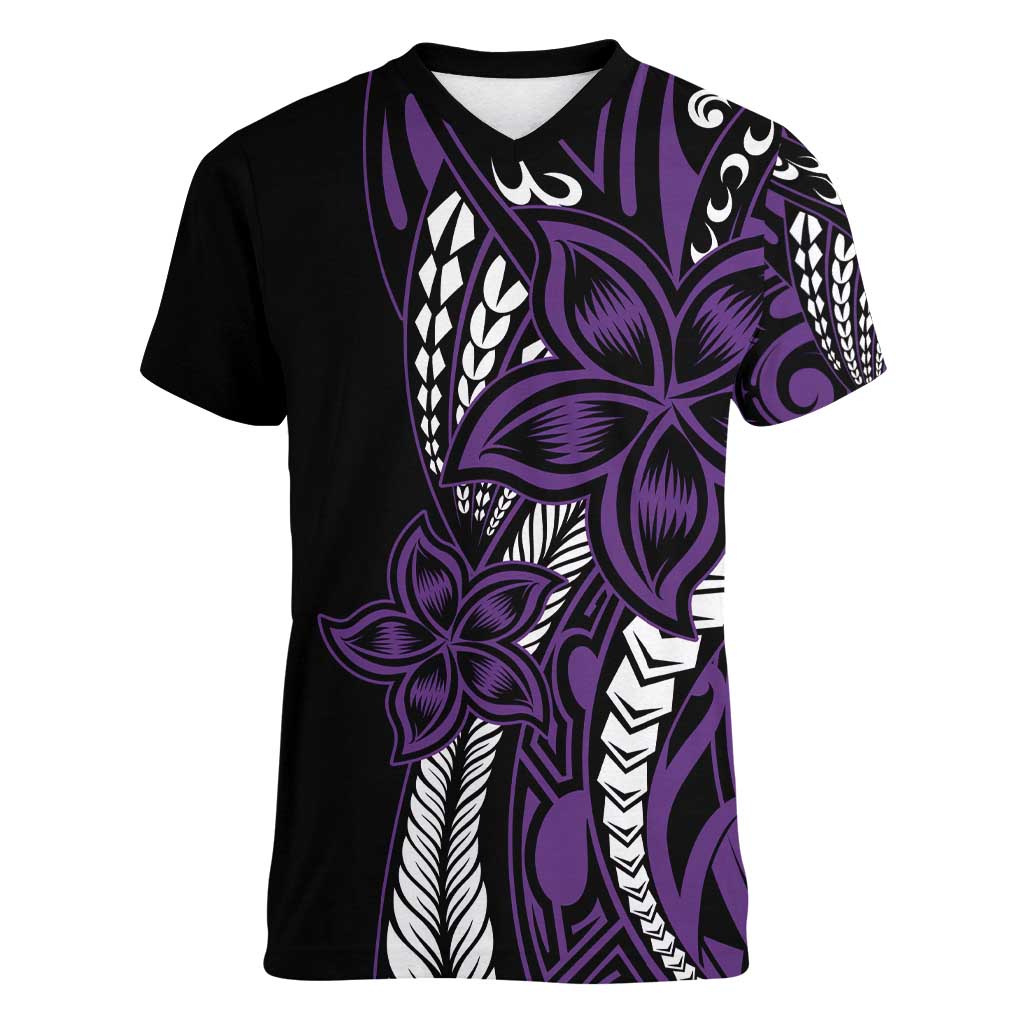 Polynesian Plumeria Floral Tattoo Pattern Women V-Neck T-Shirt Purple Style