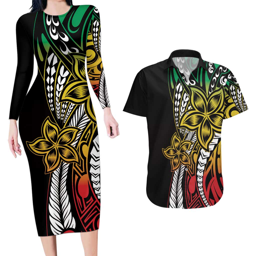 Polynesian Plumeria Floral Tattoo Pattern Couples Matching Long Sleeve Bodycon Dress and Hawaiian Shirt Reggae Style