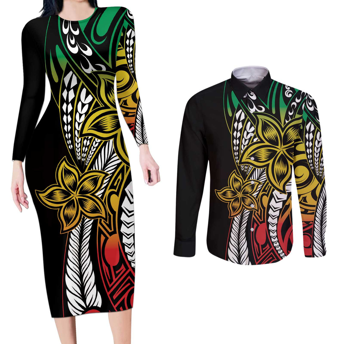 Polynesian Plumeria Floral Tattoo Pattern Couples Matching Long Sleeve Bodycon Dress and Long Sleeve Button Shirt Reggae Style LT9 Reggae - Polynesian Pride