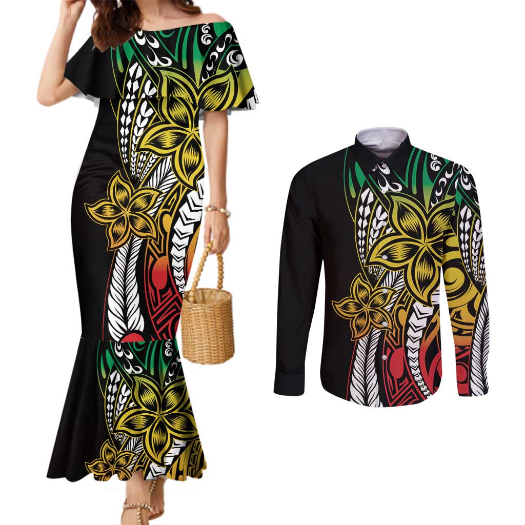 Polynesian Plumeria Floral Tattoo Pattern Couples Matching Mermaid Dress and Long Sleeve Button Shirt Reggae Style LT9 Reggae - Polynesian Pride