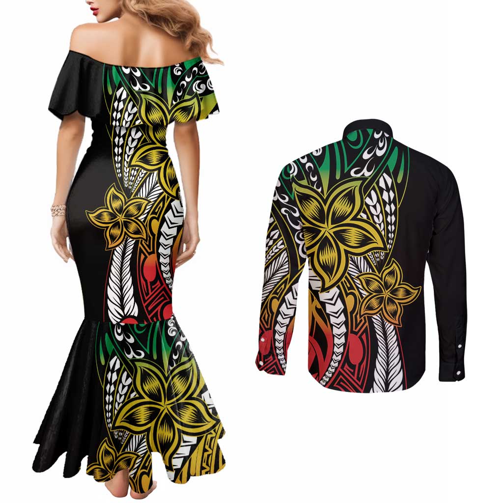 Polynesian Plumeria Floral Tattoo Pattern Couples Matching Mermaid Dress and Long Sleeve Button Shirt Reggae Style LT9 - Polynesian Pride