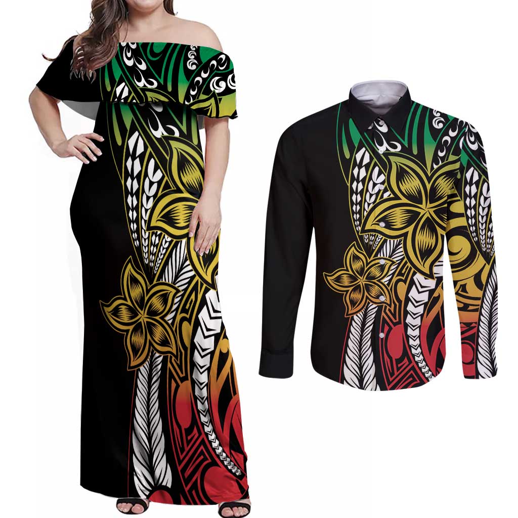 Polynesian Plumeria Floral Tattoo Pattern Couples Matching Off Shoulder Maxi Dress and Long Sleeve Button Shirt Reggae Style LT9 Reggae - Polynesian Pride