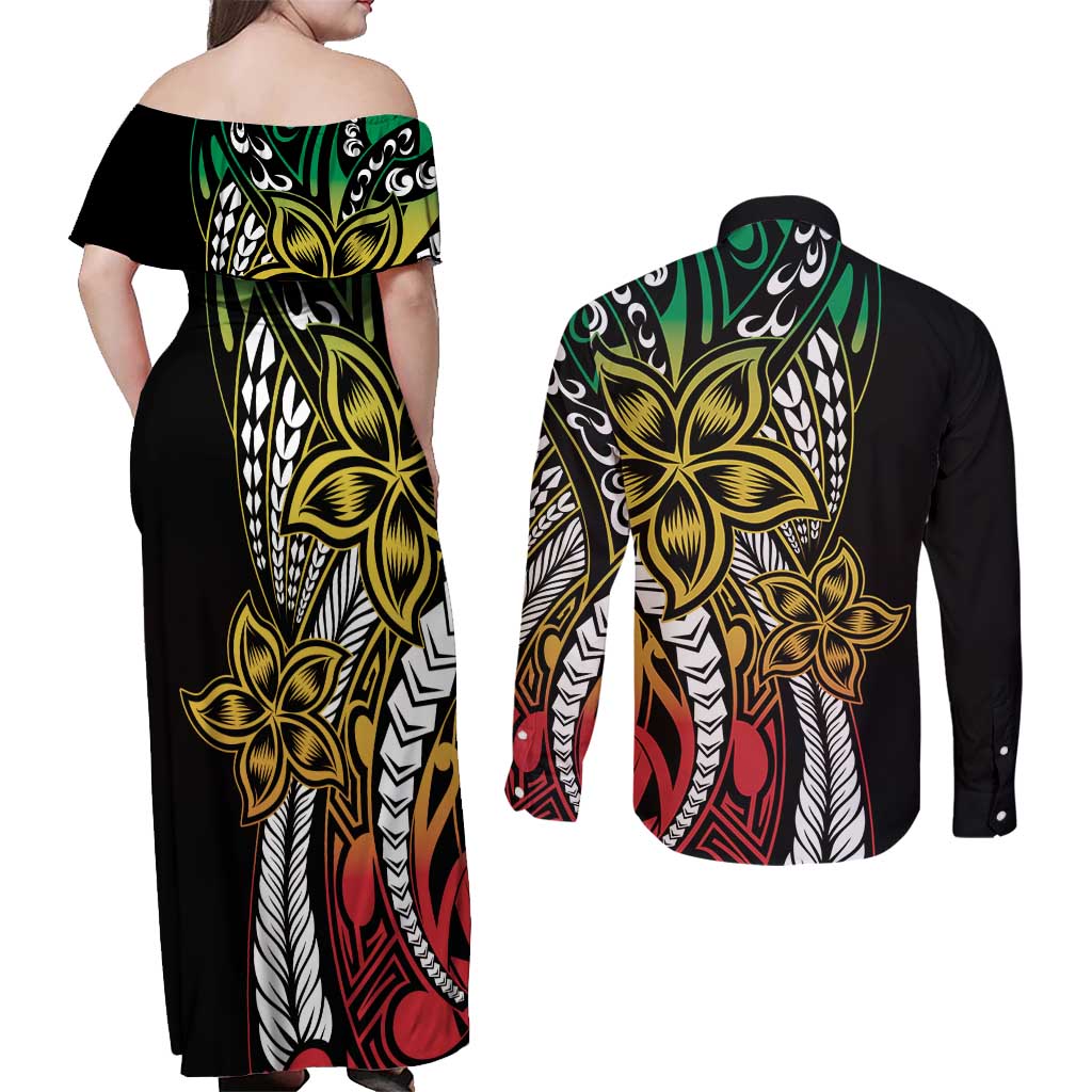 Polynesian Plumeria Floral Tattoo Pattern Couples Matching Off Shoulder Maxi Dress and Long Sleeve Button Shirt Reggae Style LT9 - Polynesian Pride