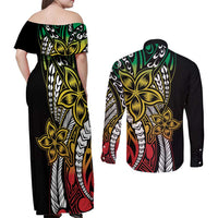 Polynesian Plumeria Floral Tattoo Pattern Couples Matching Off Shoulder Maxi Dress and Long Sleeve Button Shirt Reggae Style LT9 - Polynesian Pride