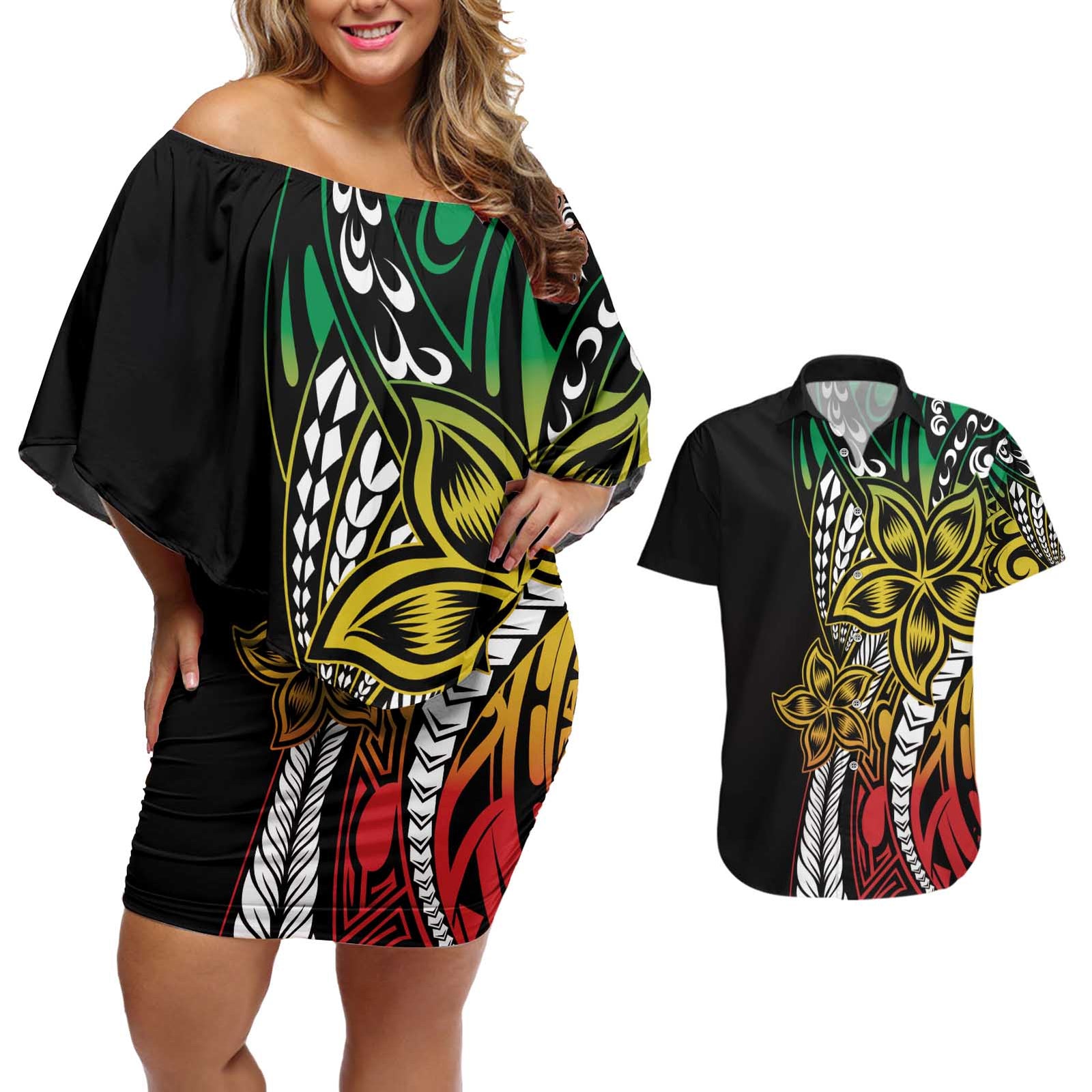 Polynesian Plumeria Floral Tattoo Pattern Couples Matching Off Shoulder Short Dress and Hawaiian Shirt Reggae Style LT9 Reggae - Polynesian Pride