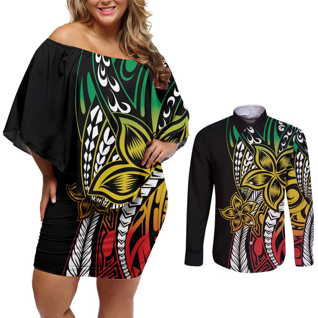 Polynesian Plumeria Floral Tattoo Pattern Couples Matching Off Shoulder Short Dress and Long Sleeve Button Shirt Reggae Style LT9 Reggae - Polynesian Pride