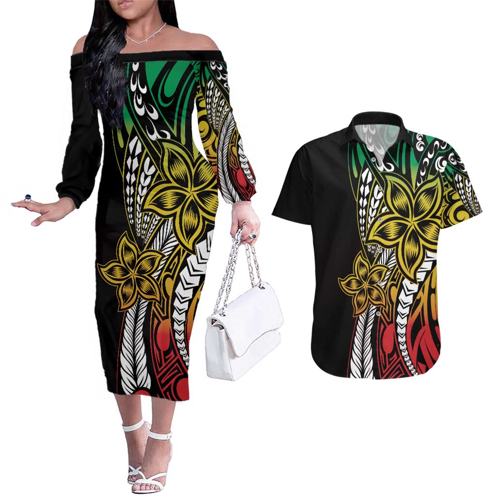 Polynesian Plumeria Floral Tattoo Pattern Couples Matching Off The Shoulder Long Sleeve Dress and Hawaiian Shirt Reggae Style LT9 Reggae - Polynesian Pride