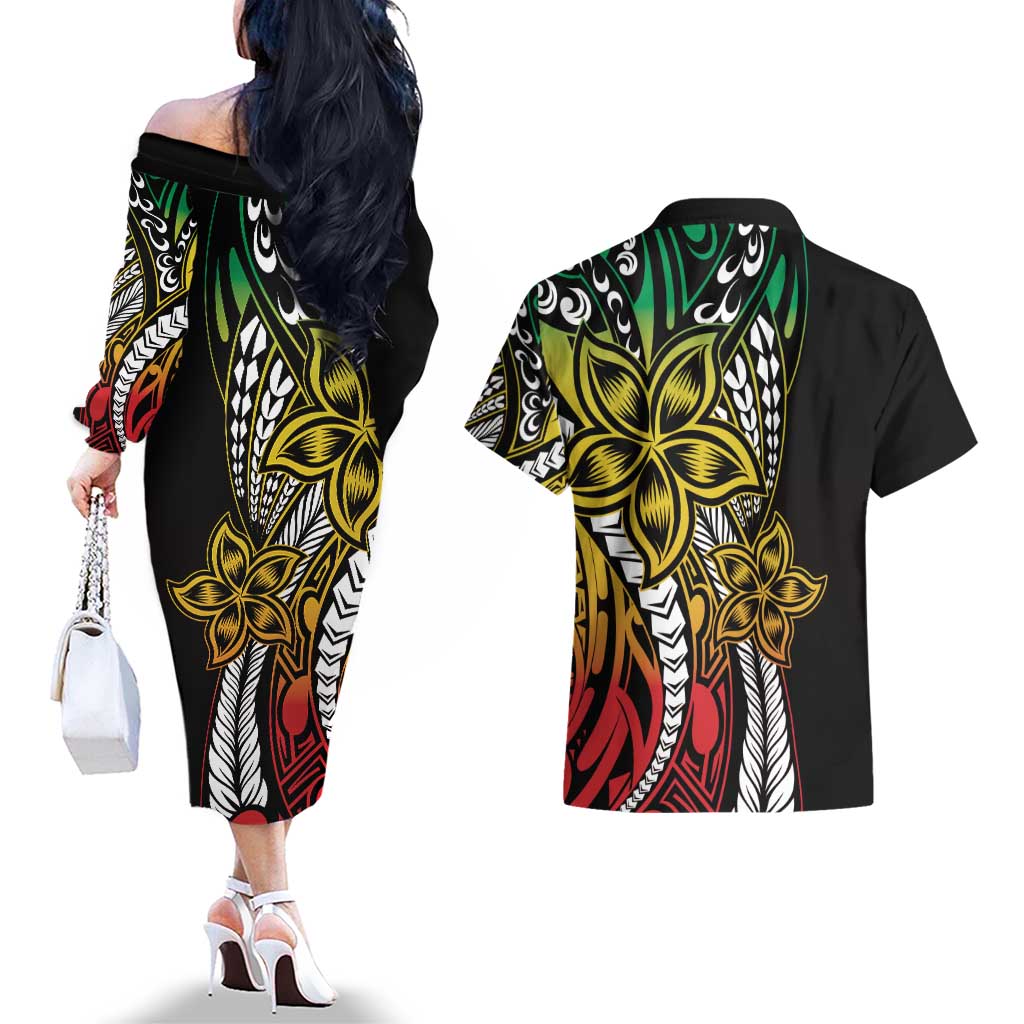 Polynesian Plumeria Floral Tattoo Pattern Couples Matching Off The Shoulder Long Sleeve Dress and Hawaiian Shirt Reggae Style