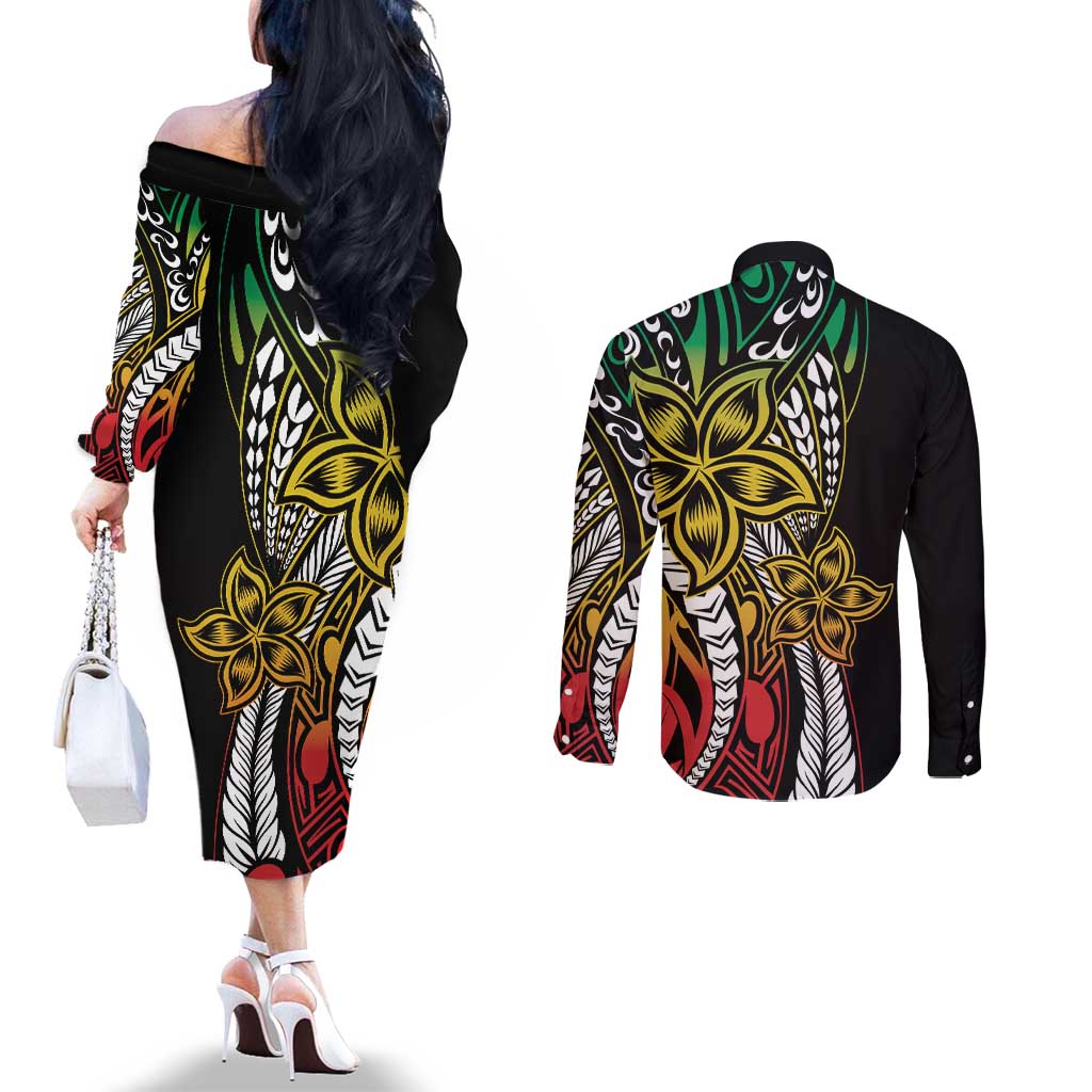 Polynesian Plumeria Floral Tattoo Pattern Couples Matching Off The Shoulder Long Sleeve Dress and Long Sleeve Button Shirt Reggae Style LT9 - Polynesian Pride