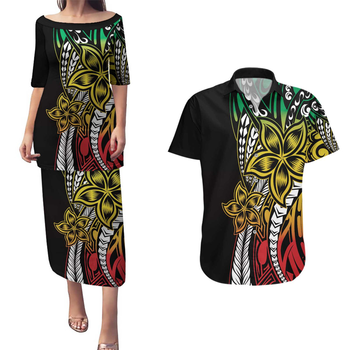Polynesian Plumeria Floral Tattoo Pattern Couples Matching Puletasi and Hawaiian Shirt Reggae Style LT9 Reggae - Polynesian Pride