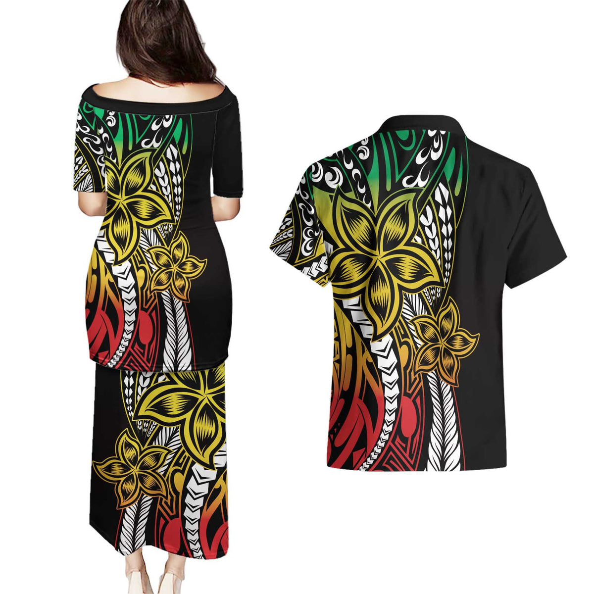 Polynesian Plumeria Floral Tattoo Pattern Couples Matching Puletasi and Hawaiian Shirt Reggae Style LT9 - Polynesian Pride