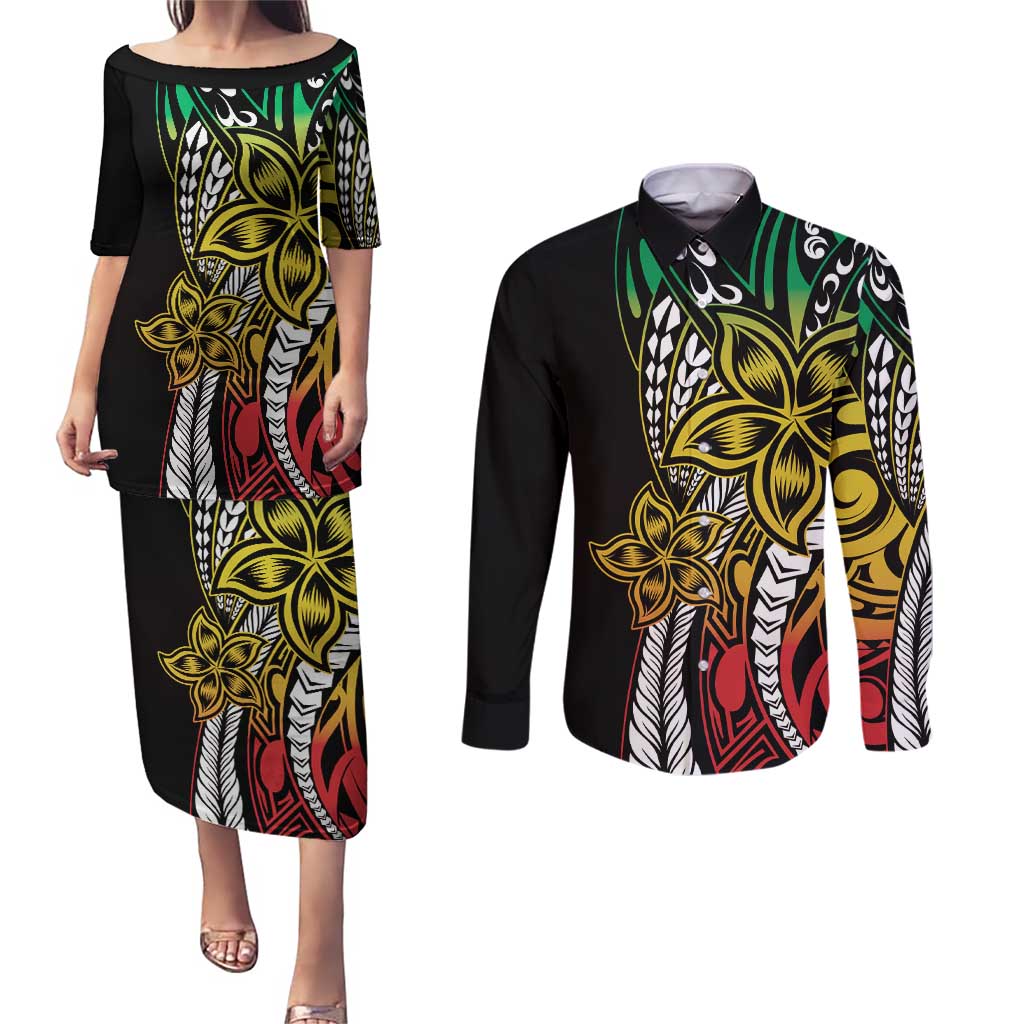 Polynesian Plumeria Floral Tattoo Pattern Couples Matching Puletasi and Long Sleeve Button Shirt Reggae Style LT9 Reggae - Polynesian Pride