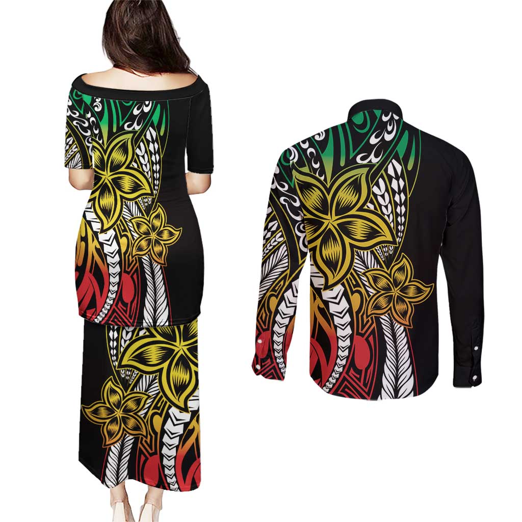Polynesian Plumeria Floral Tattoo Pattern Couples Matching Puletasi and Long Sleeve Button Shirt Reggae Style LT9 - Polynesian Pride