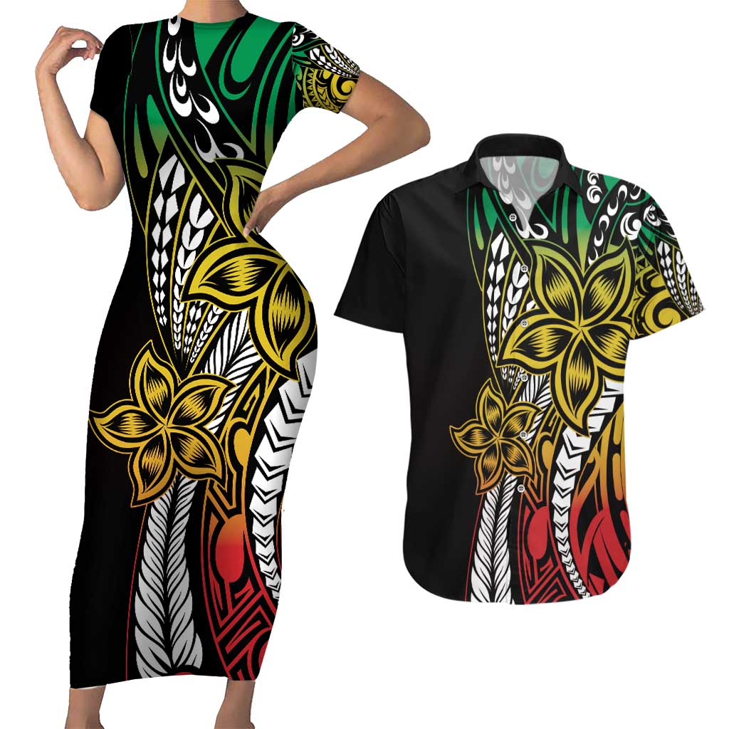 Polynesian Plumeria Floral Tattoo Pattern Couples Matching Short Sleeve Bodycon Dress and Hawaiian Shirt Reggae Style