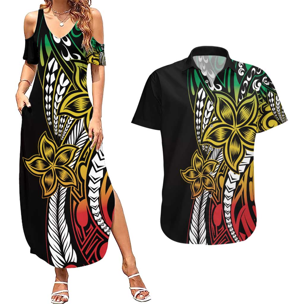 Polynesian Plumeria Floral Tattoo Pattern Couples Matching Summer Maxi Dress and Hawaiian Shirt Reggae Style LT9 Reggae - Polynesian Pride