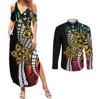 Polynesian Plumeria Floral Tattoo Pattern Couples Matching Summer Maxi Dress and Long Sleeve Button Shirt Reggae Style LT9 Reggae - Polynesian Pride