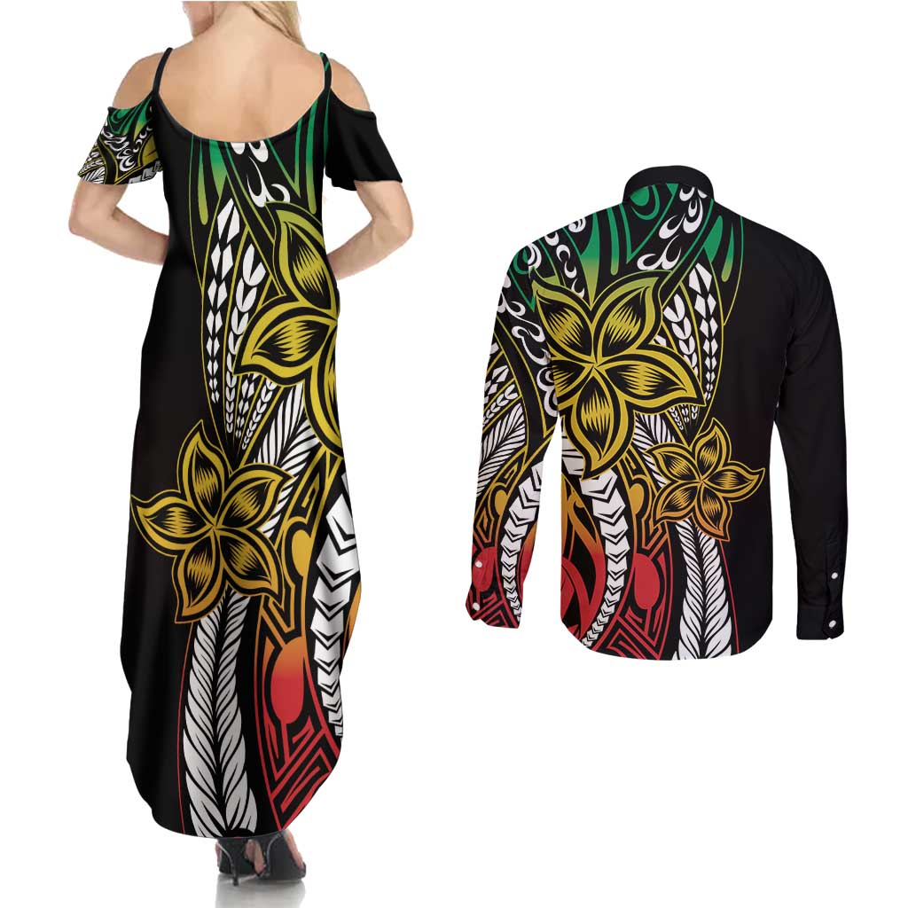 Polynesian Plumeria Floral Tattoo Pattern Couples Matching Summer Maxi Dress and Long Sleeve Button Shirt Reggae Style LT9 - Polynesian Pride