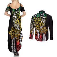 Polynesian Plumeria Floral Tattoo Pattern Couples Matching Summer Maxi Dress and Long Sleeve Button Shirt Reggae Style LT9 - Polynesian Pride