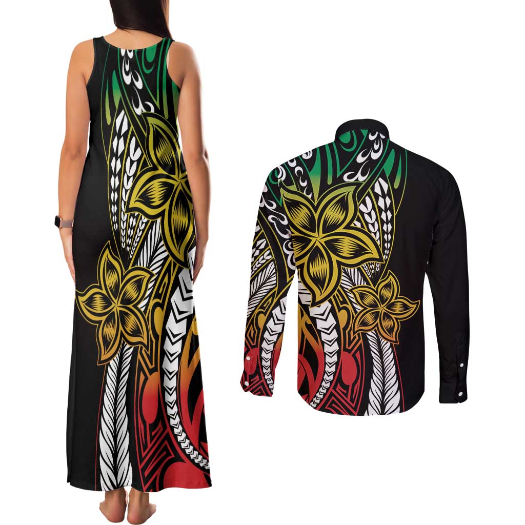 Polynesian Plumeria Floral Tattoo Pattern Couples Matching Tank Maxi Dress and Long Sleeve Button Shirt Reggae Style LT9 - Polynesian Pride