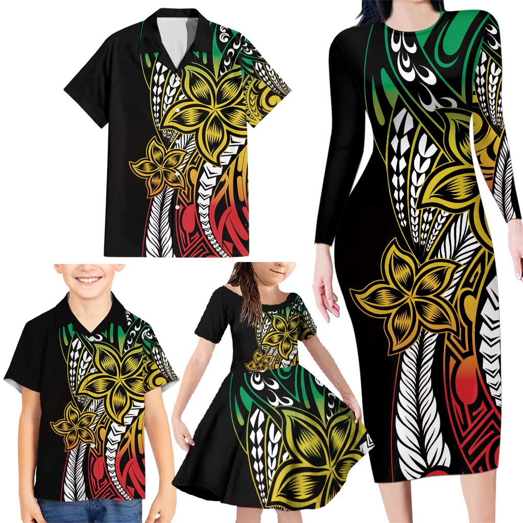 Polynesian Plumeria Floral Tattoo Pattern Family Matching Long Sleeve Bodycon Dress and Hawaiian Shirt Reggae Style LT9 - Polynesian Pride