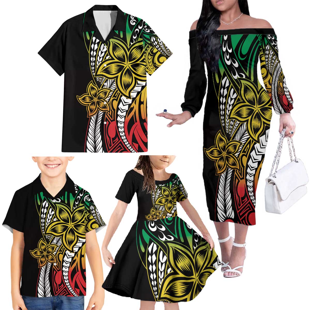 Polynesian Plumeria Floral Tattoo Pattern Family Matching Off The Shoulder Long Sleeve Dress and Hawaiian Shirt Reggae Style