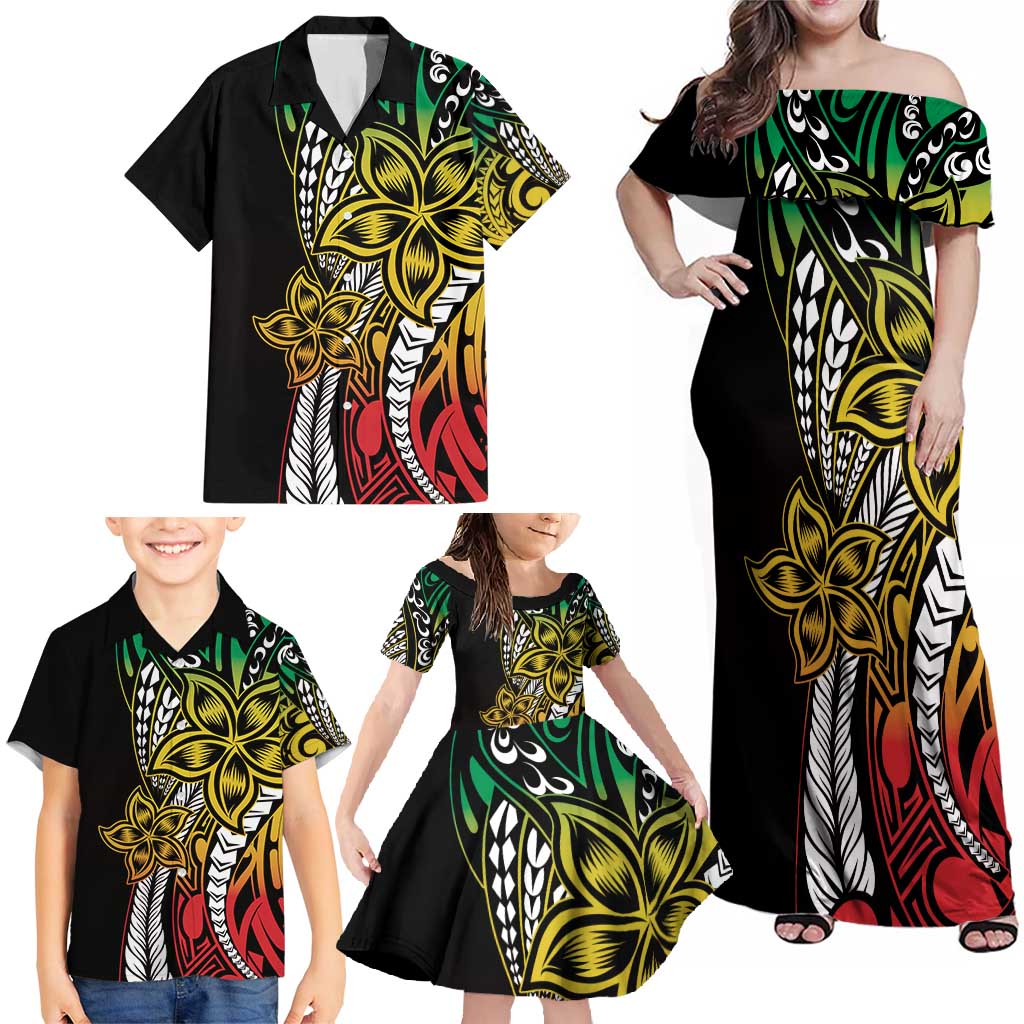 Polynesian Plumeria Floral Tattoo Pattern Family Matching Off Shoulder Maxi Dress and Hawaiian Shirt Reggae Style