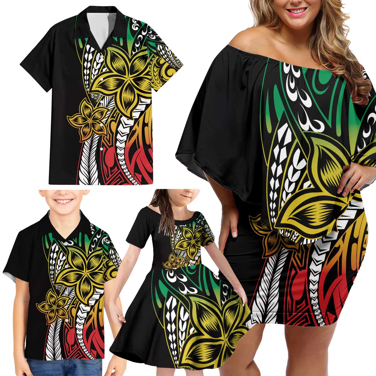 Polynesian Plumeria Floral Tattoo Pattern Family Matching Off Shoulder Short Dress and Hawaiian Shirt Reggae Style